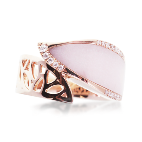 leaf motif pink opal ring in rose gold with the leaf pattern openwork