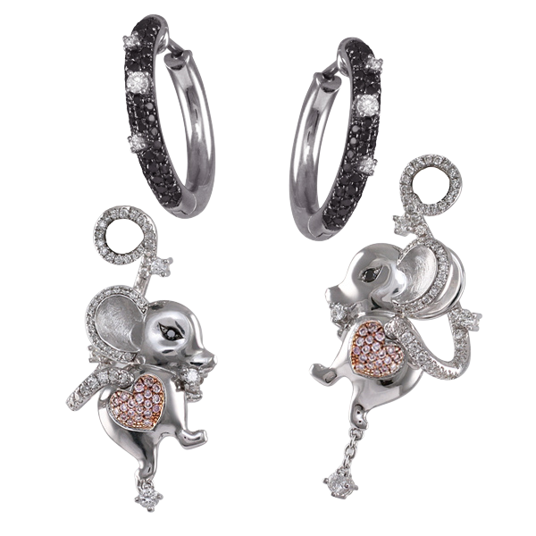 White Gold and Pink Diamond Mice 3way Earrings