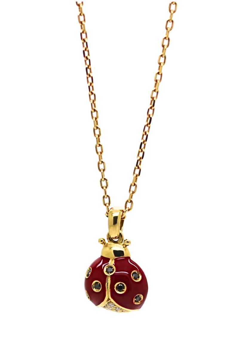 Baby Coccinella Pendnat in Yellow Gold with Diamondand Happy Red Enamel