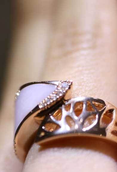 Details of leaf motif rose gold with pink opal and diamond ring from Bayside Collection by MIYOCO