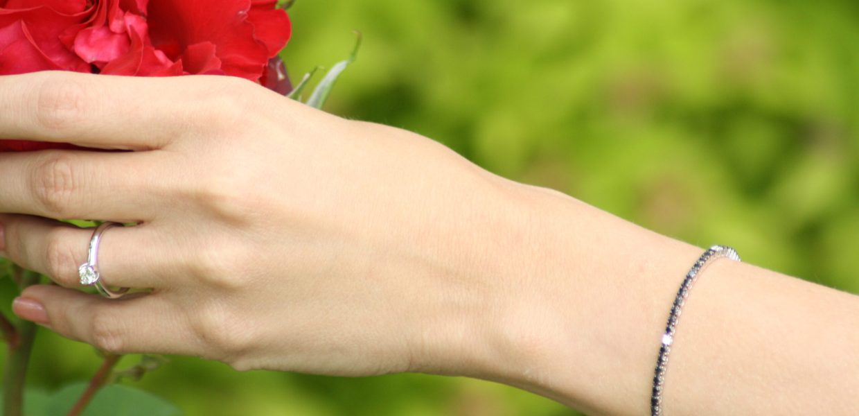 Happy Tulip Solitaire Diamond Ring and Black and White Tennis Bracelet